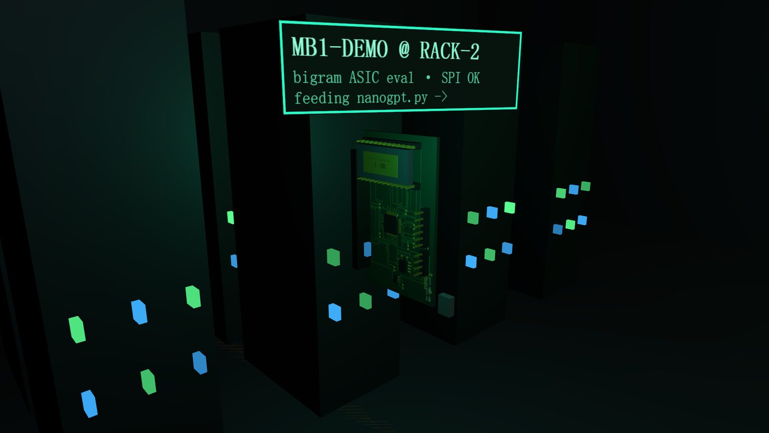 MB-1 board glowing in the compute center at night