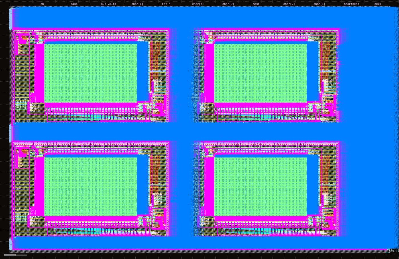 sky130 GDS layout of MB-1 showing four SRAM macros