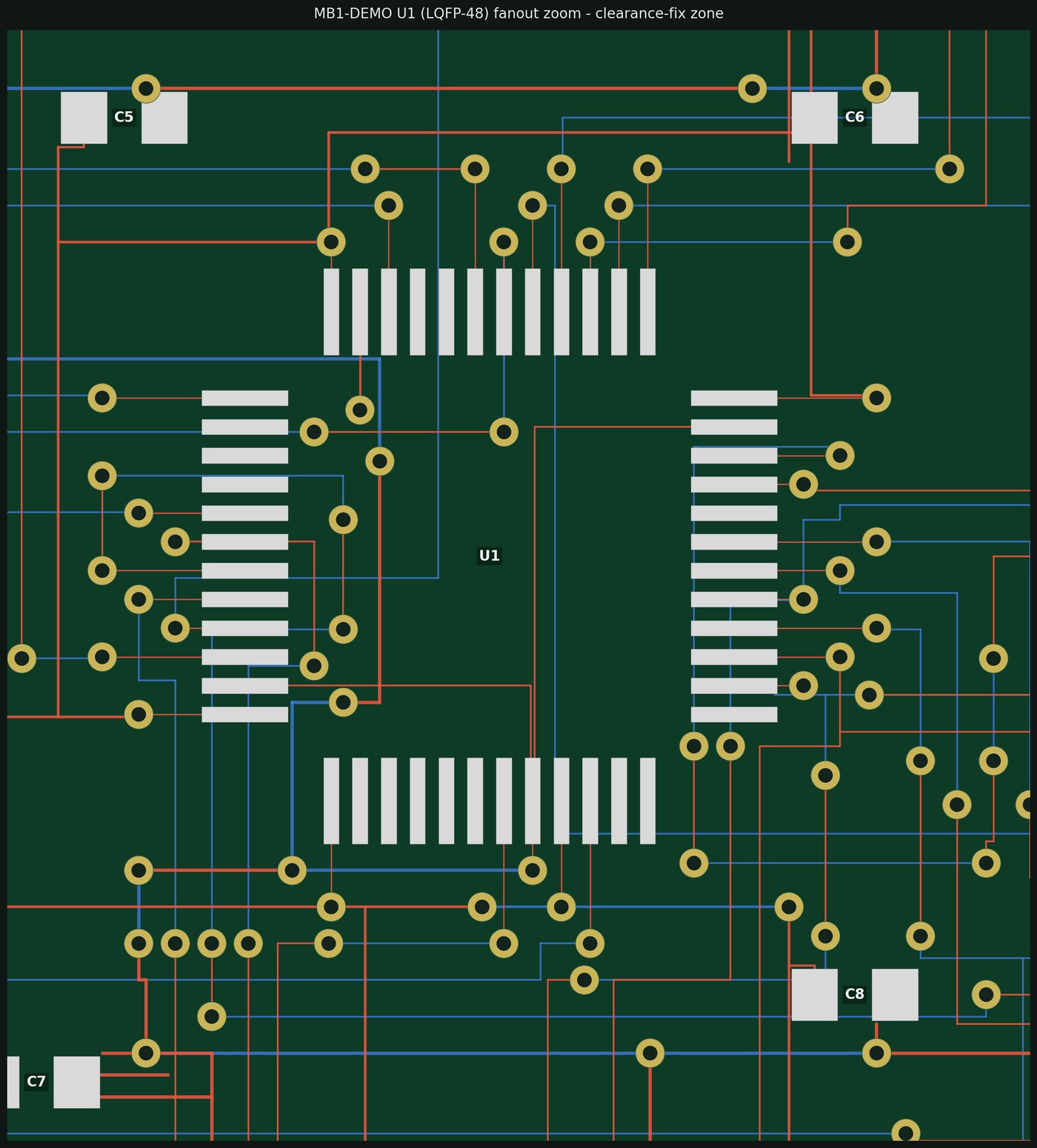 Close-up of the MCU LQFP fanout on the PCB