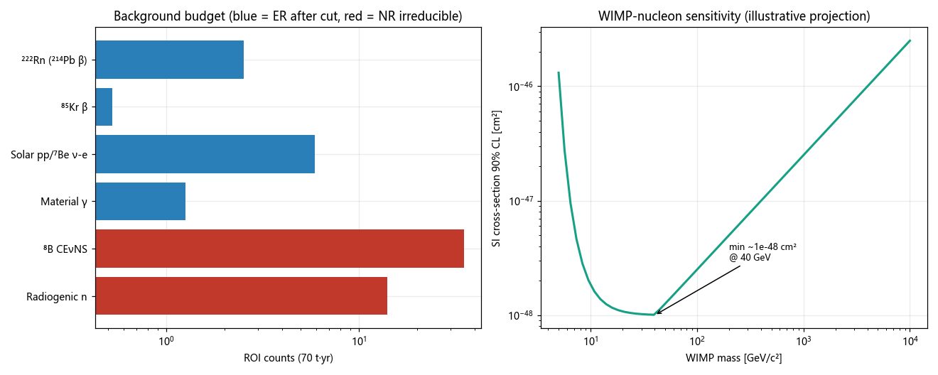 Background budget bar chart and WIMP sensitivity projection