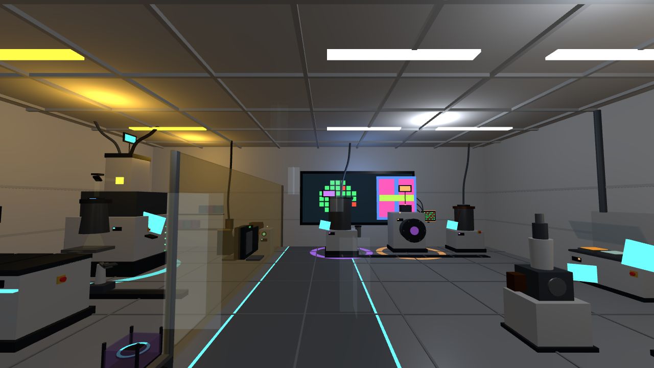 Cleanroom overview: yellow bay left, white bay right, wafer map screen on the far wall