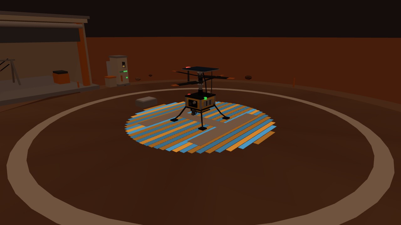 The electrode floor pulsing amber and blue at night while the helicopter charges