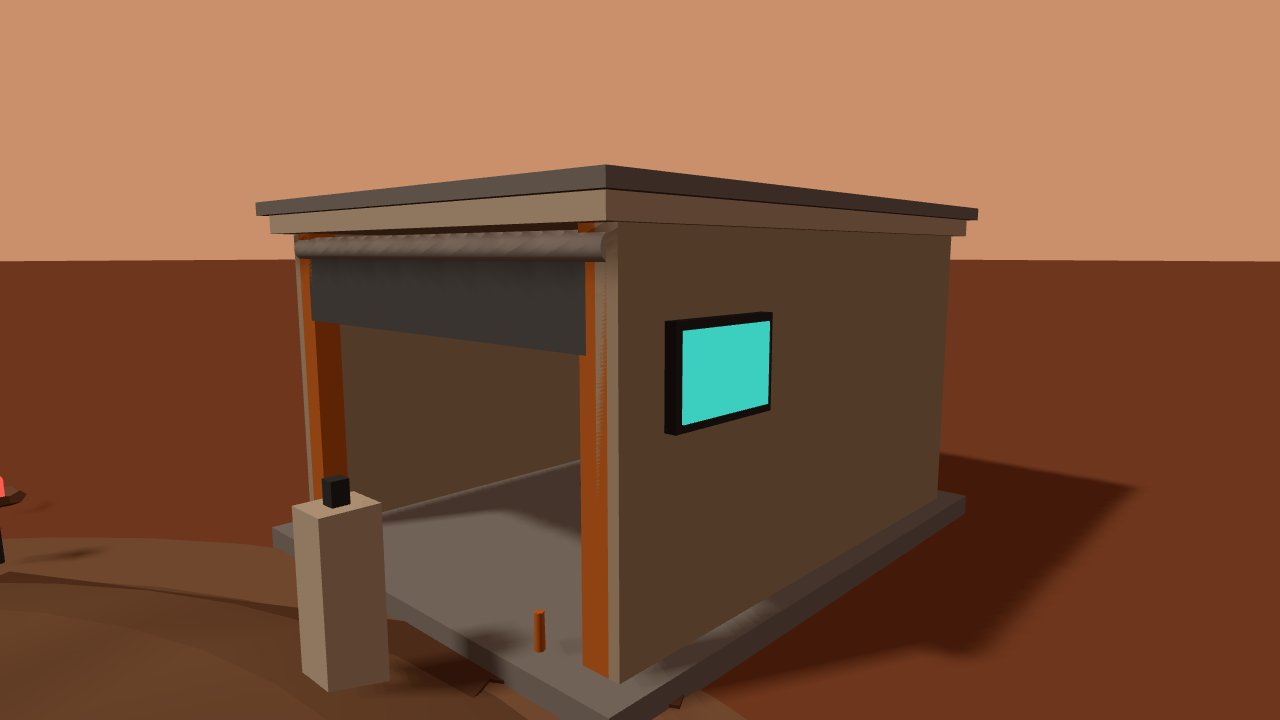 The hangar with rolled door, status screen and spare-blade rack