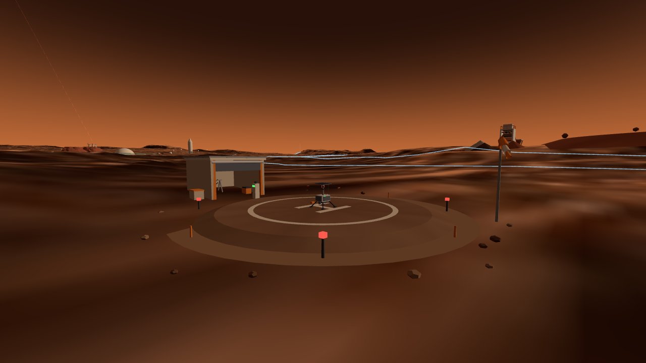 The pad at night with the four approach lights blinking and the hangar status screen lit
