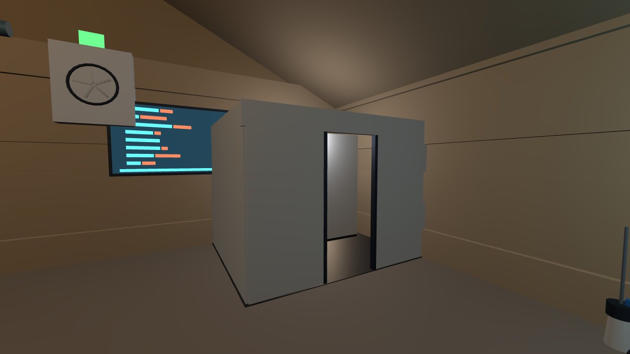 The bathroom cubicle with its open doorway showing the recirculating shower stall lit inside; the scorecard screen and return-air fan on the wall behind