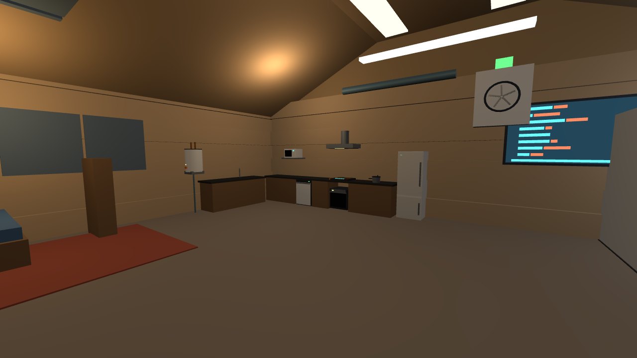 The show home's kitchen: cast-stone counter with induction hob, oven, dishwasher, microwave shelf, range hood, fridge, and the scorecard screen and return-air fan on the back wall