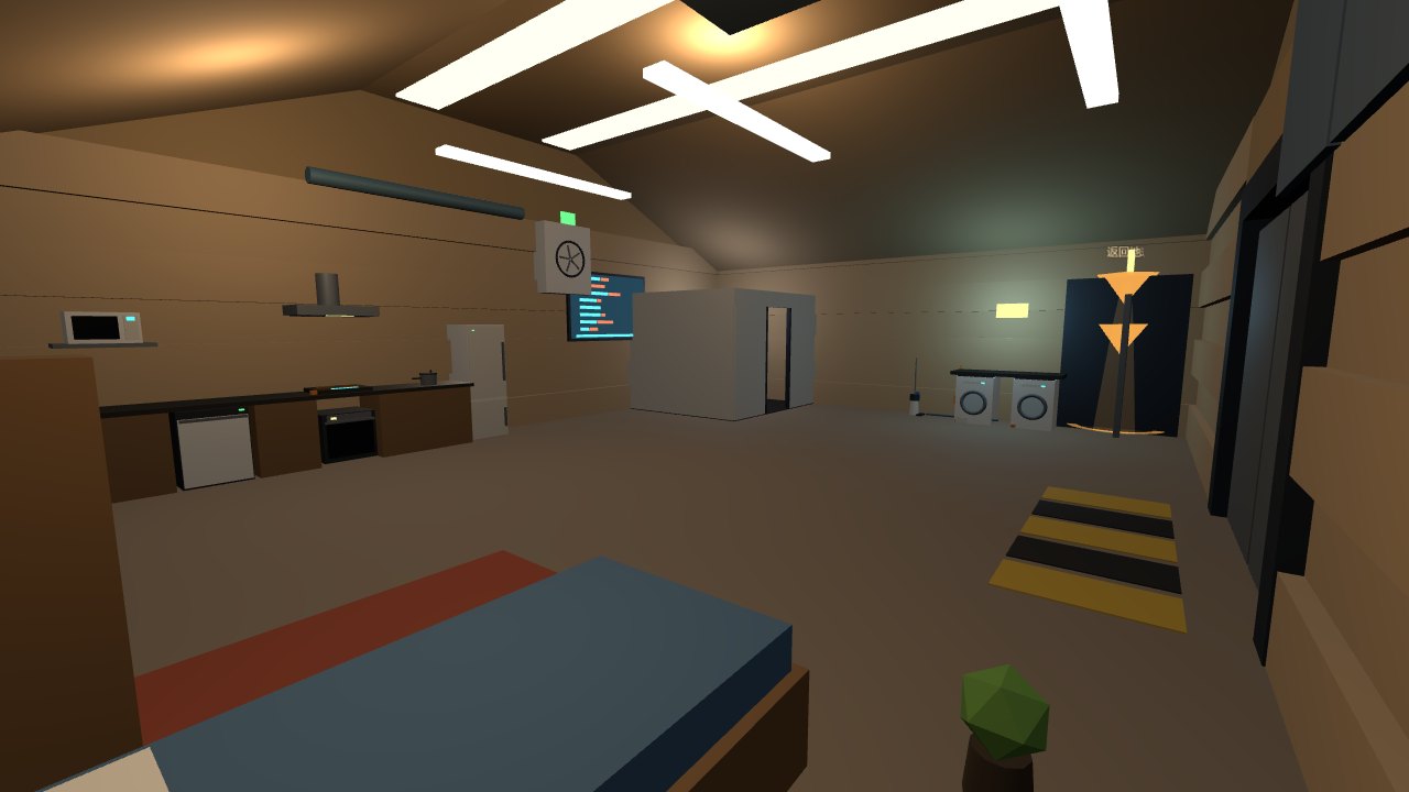 Overview from the bed corner: kitchen to the left, bathroom cubicle in the middle, washer and dryer against the far wall, entry door group at right
