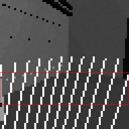 The robot's own 64x64 camera view polluted by its debug LiDAR rays, scan band outlined in red