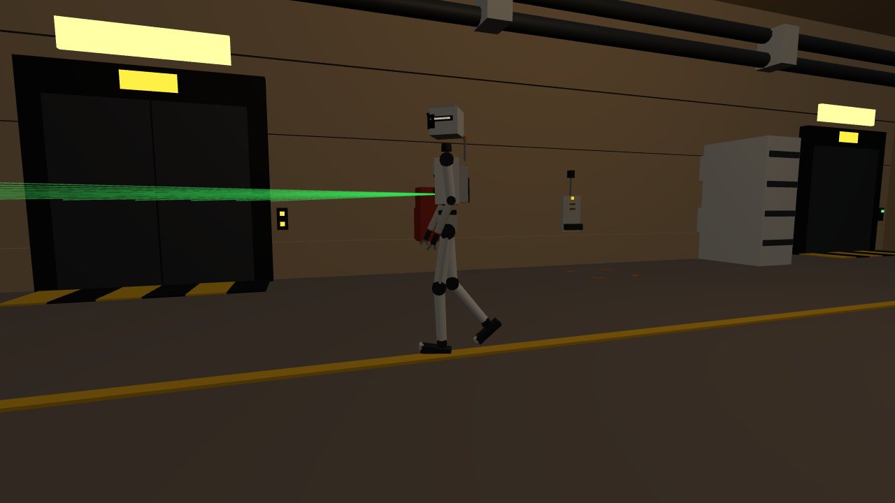 hab-bot-01 in evacuation run mode, mid-flight with both feet off the floor