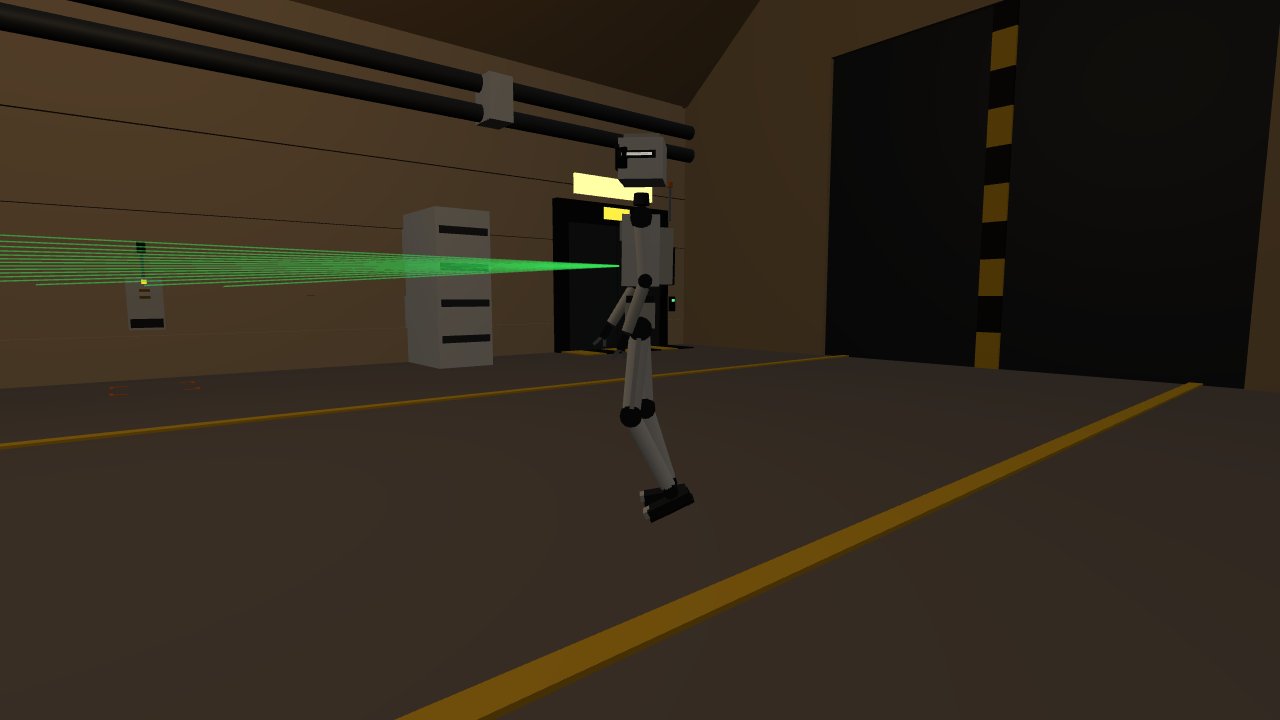 hab-bot-01 mid-stride in the foyer, LiDAR fan visible