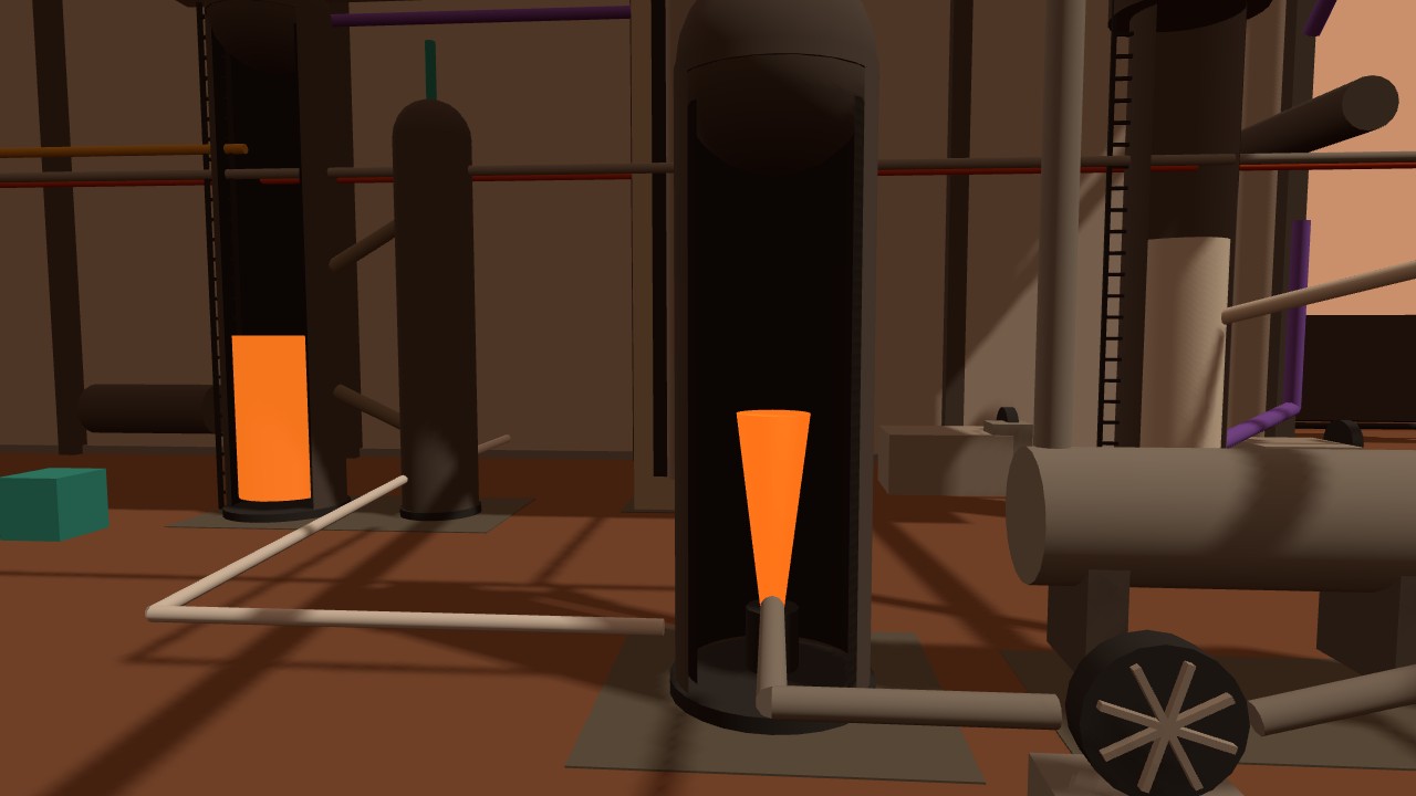 The by-product oxidiser cut away, its flame visible, with the MTO bed glowing behind it