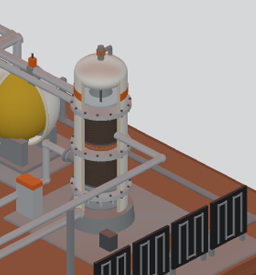 Reactor column cutaway showing two catalyst beds and the MLI tank