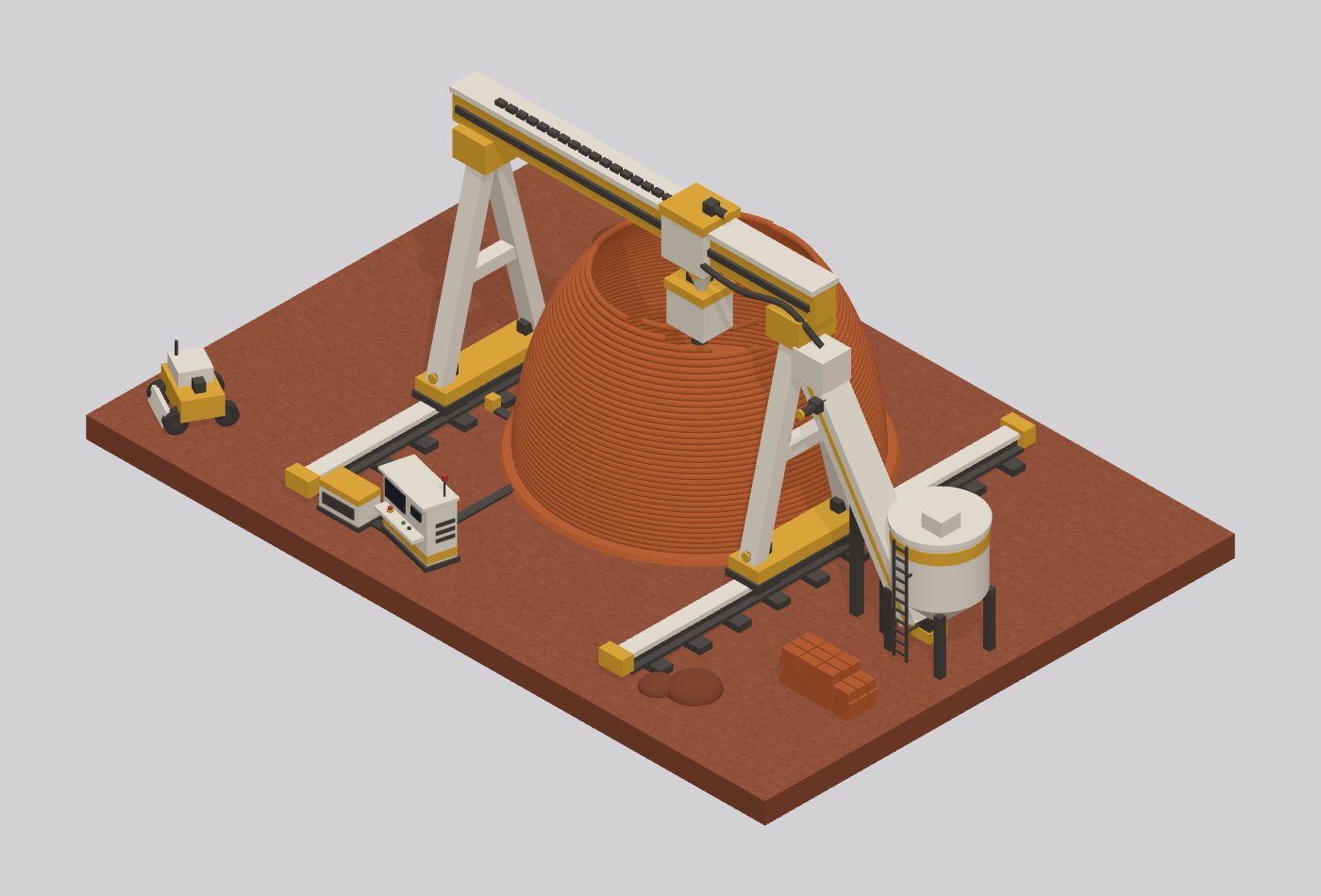Gantry printer site with the half-finished printed dome, feed hopper and enclosed conveyor