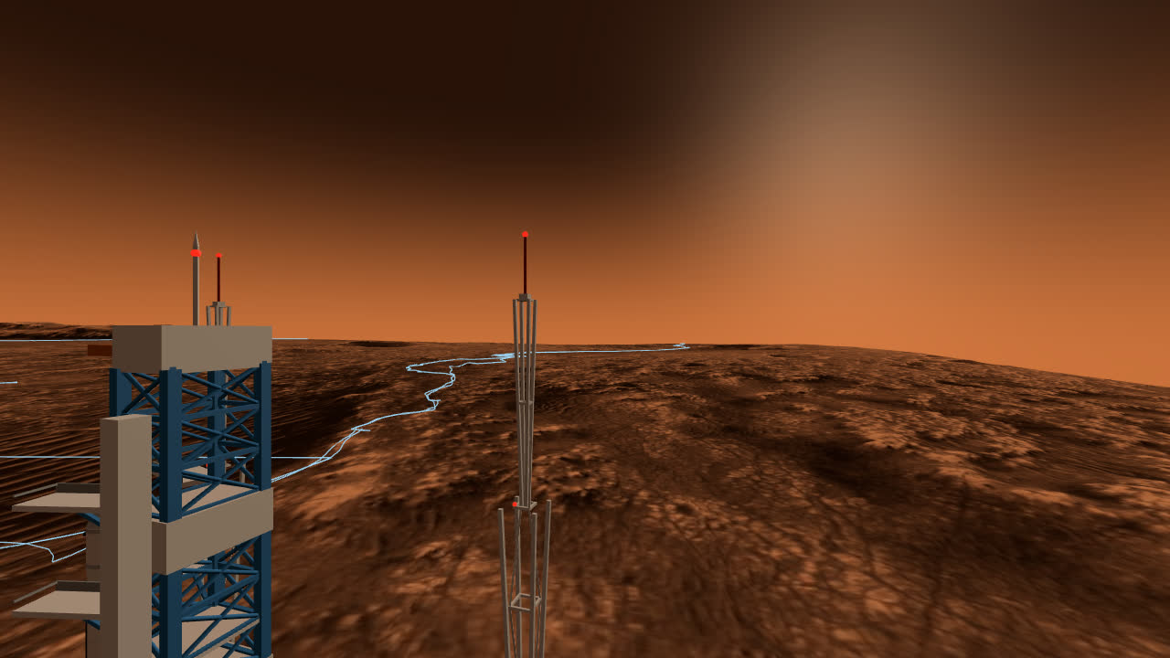The 67 m booster standing on the eastern launch complex with the city behind