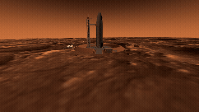 The ship lifting off its sintered pad behind the blast berm, three engines lit