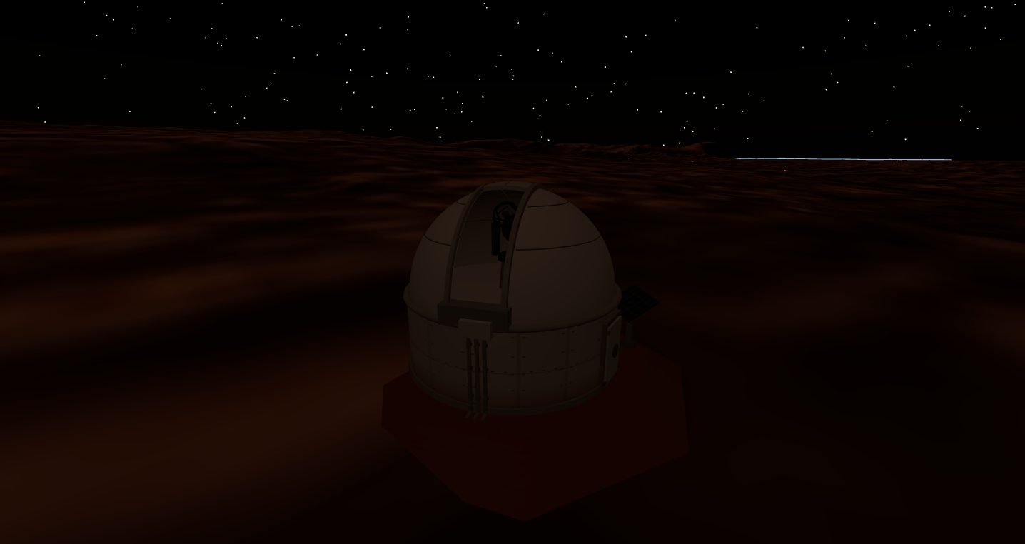 The observatory at night on the Martian surface, dome shutter open with the telescope visible through the slit and stars overhead