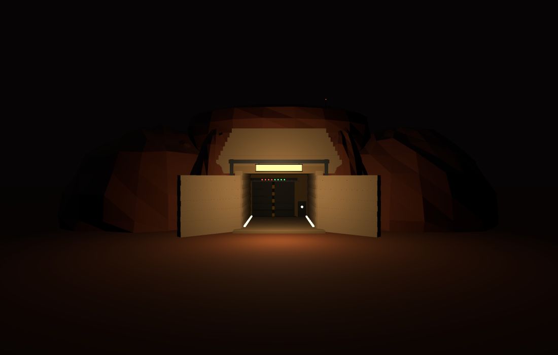 The berm entrance at night, warm light spilling from the portal