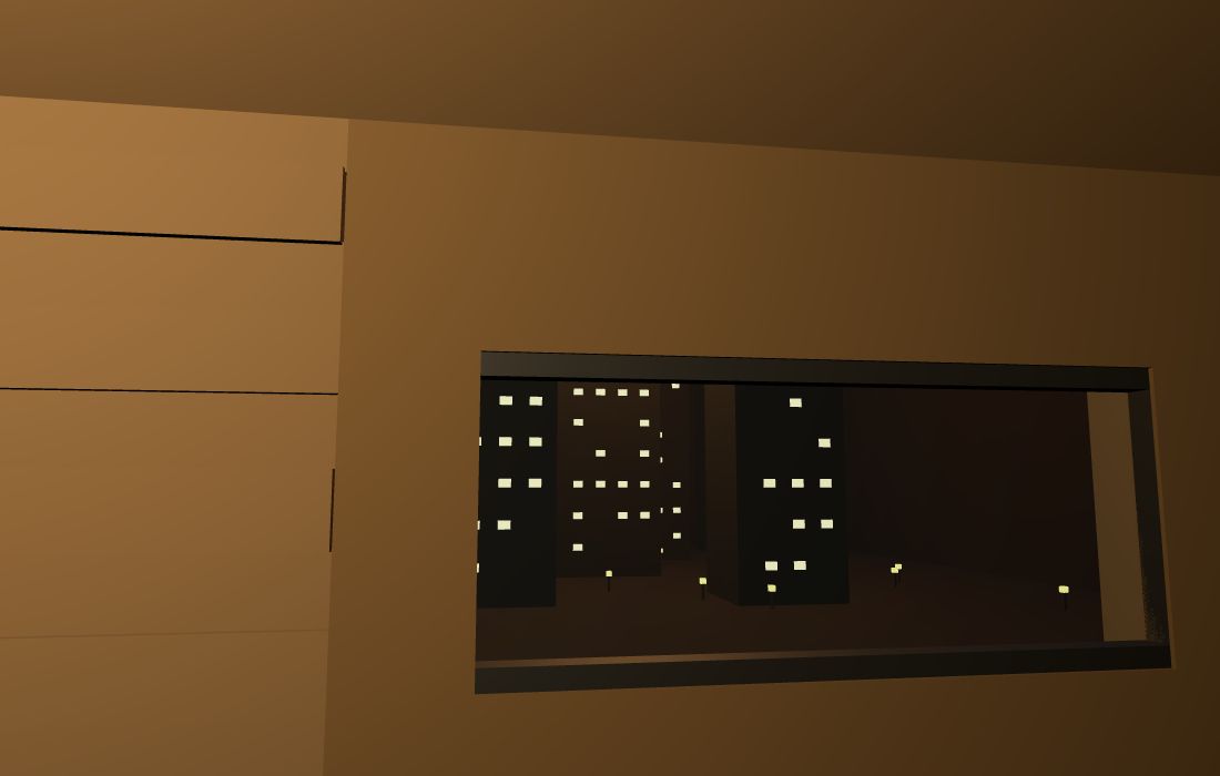 View through the foyer viewport: city lights in a dark cavern
