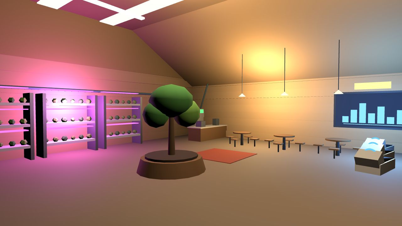 Commons with round tables and the World-B screen