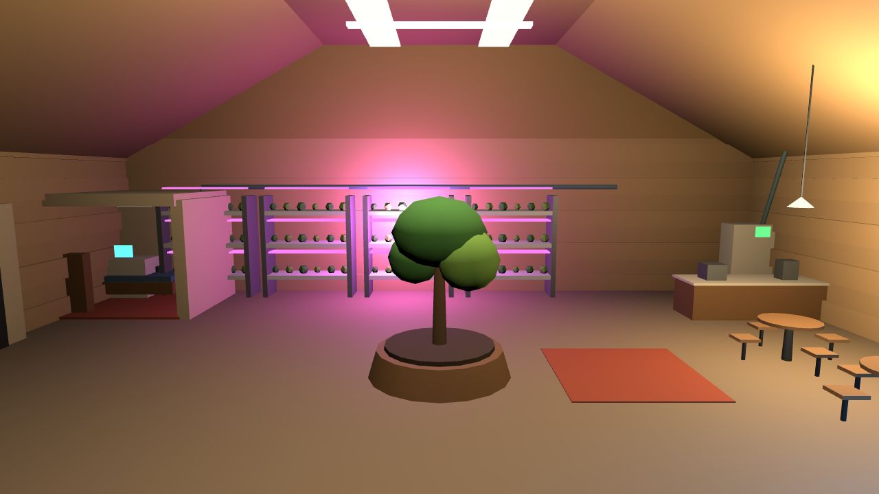 Residential quarter overview: tree, hydroponic wall, commons